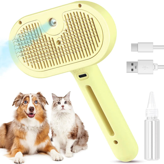 Cat Steam Brush Pet Spray Hair Removal Comb Long & Short Hair 3 in 1 Water Brush for Shedding & Grooming Rechargeable Dog Self Cleaning Slicker Comb with Release Button(Yellow)